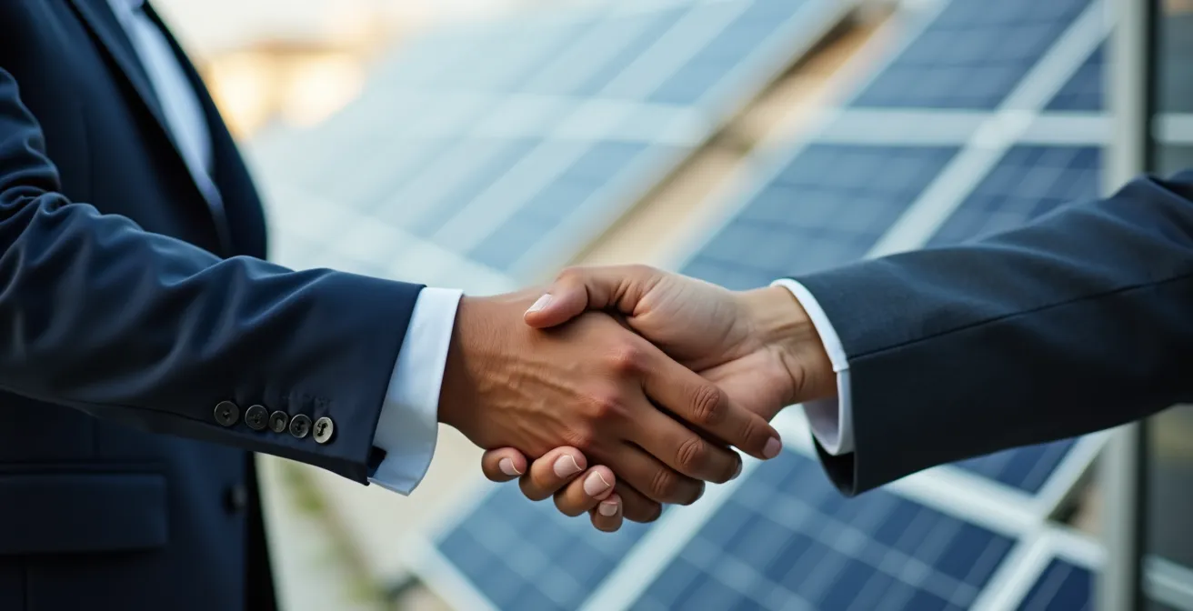 Mains d'équipe diverses se rejoignant au centre avec panneaux solaires flous en arrière-plan