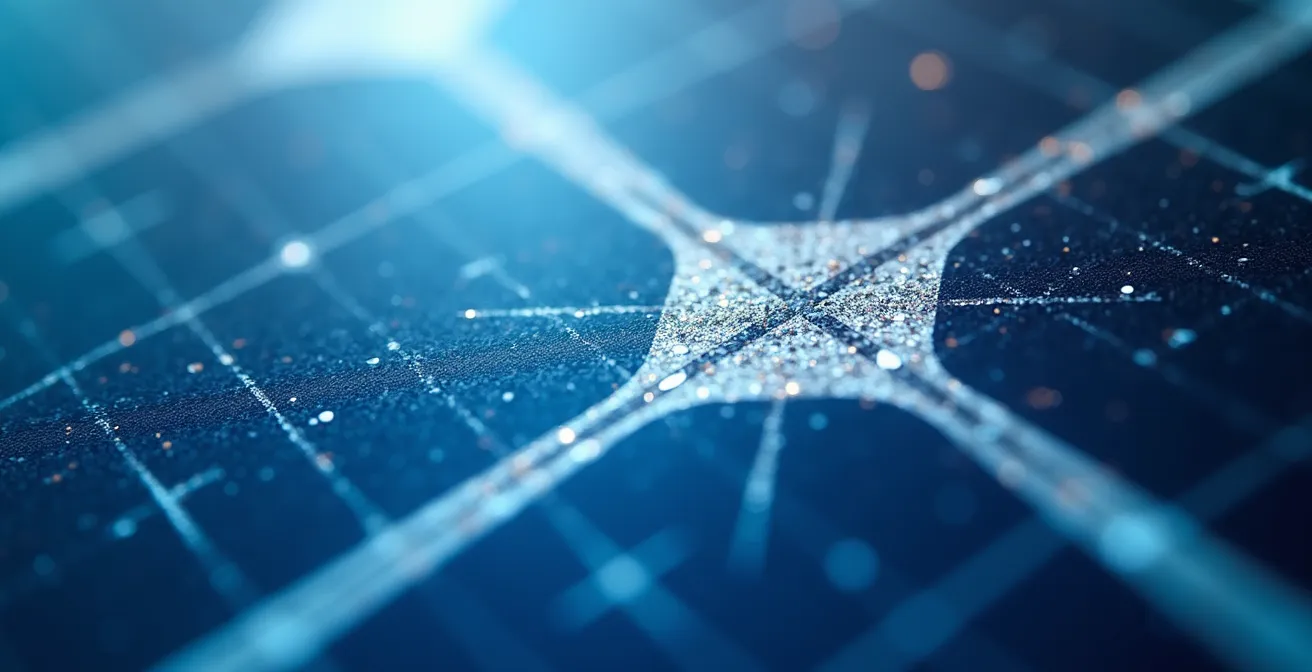 Gros plan sur la jonction entre plusieurs cellules photovoltaïques avec des reflets de lumière créant des motifs géométriques