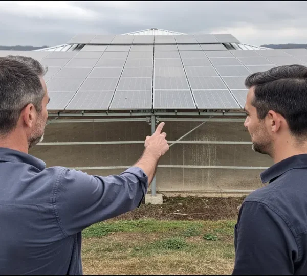 Technicien solaire et exploitant agricole observant une installation photovoltaïque sur hangar