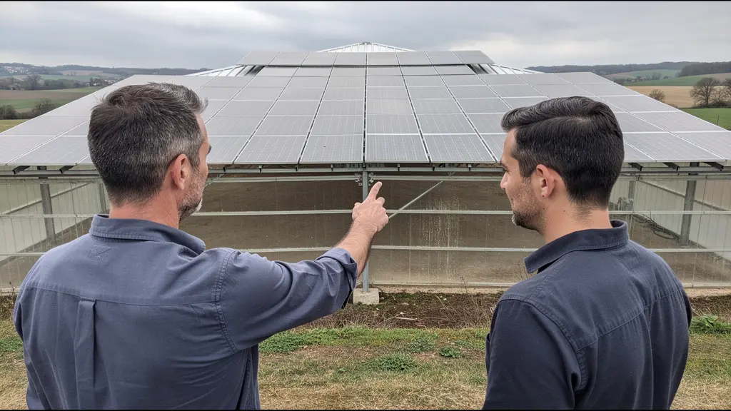 Technicien solaire et exploitant agricole observant une installation photovoltaïque sur hangar