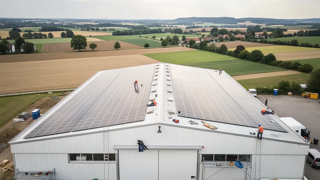 Vue d'un chantier d'installation de panneaux photovoltaïques sur toiture de hangar agricole